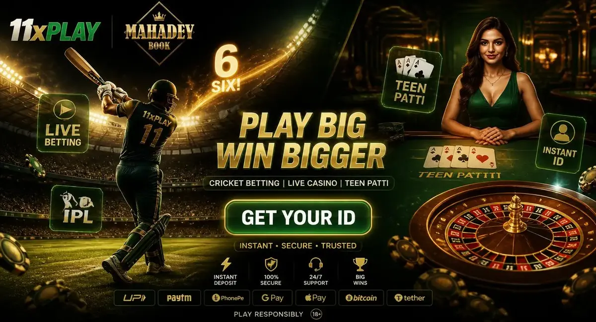 11xPlay hero banner with cricket betting and live casino games featuring Mahadev Book logo