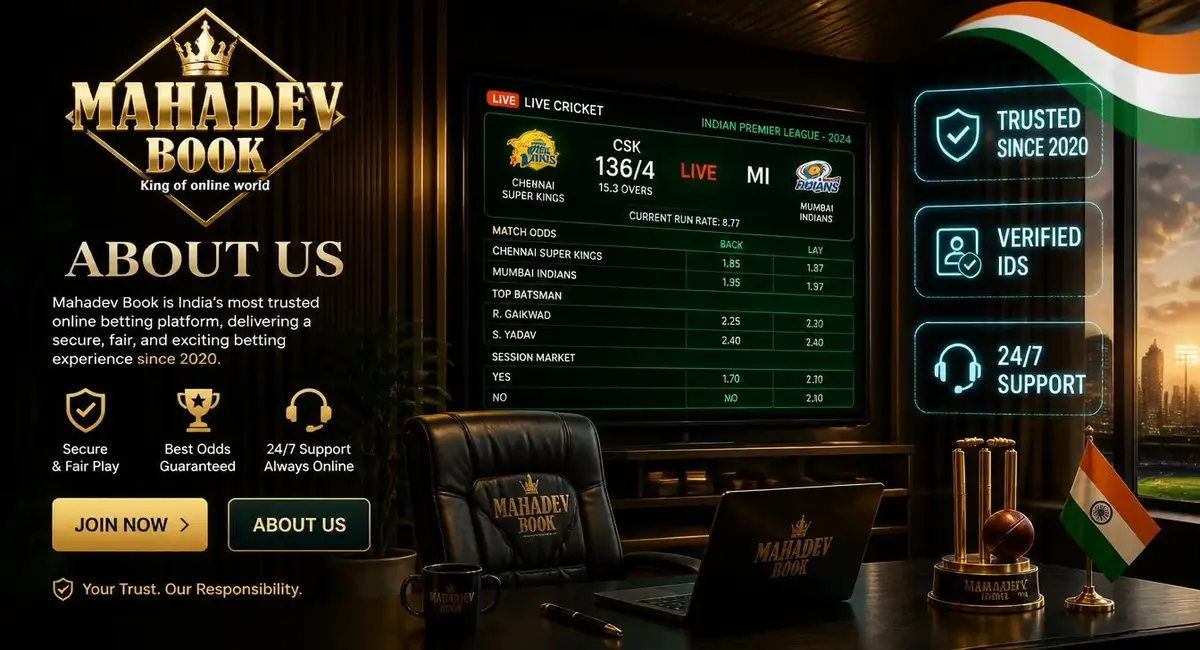 Mahadev Book about us hero banner with trusted betting platform and live cricket scores