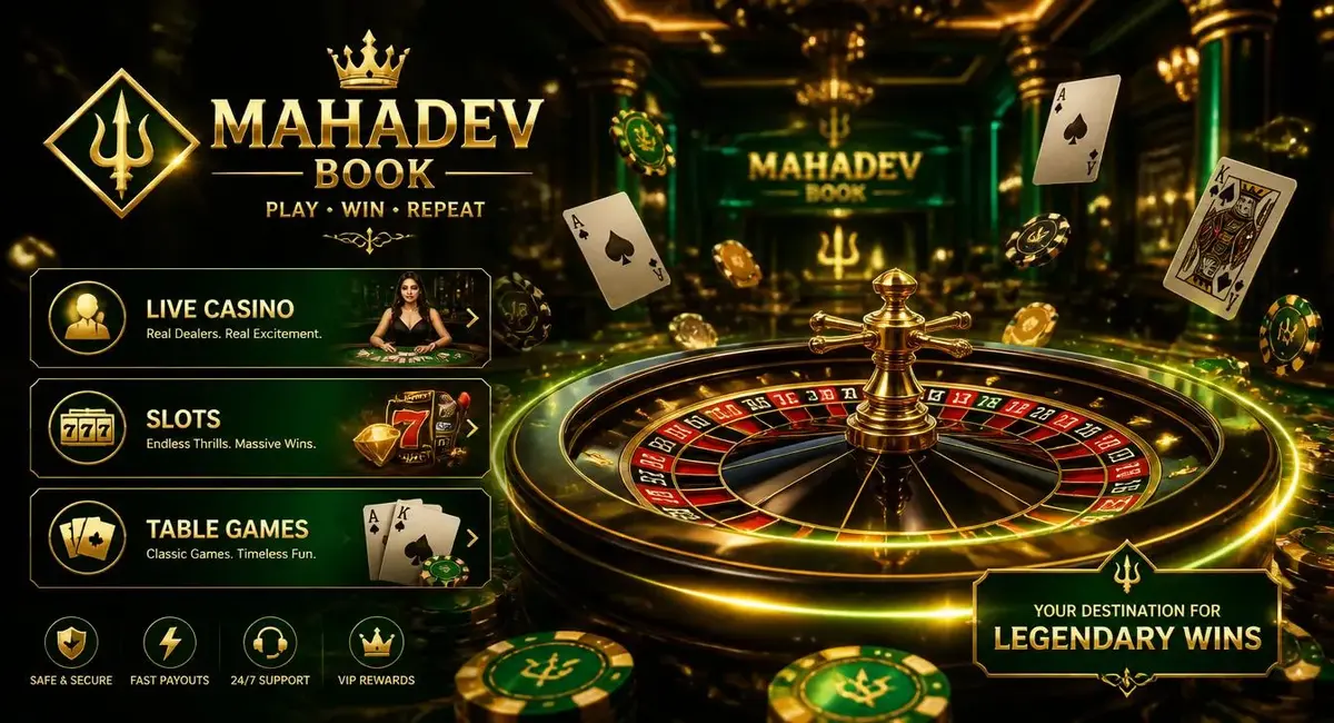 Mahadev Book casino betting platform hero banner with roulette wheel, playing cards, and glowing neon lights