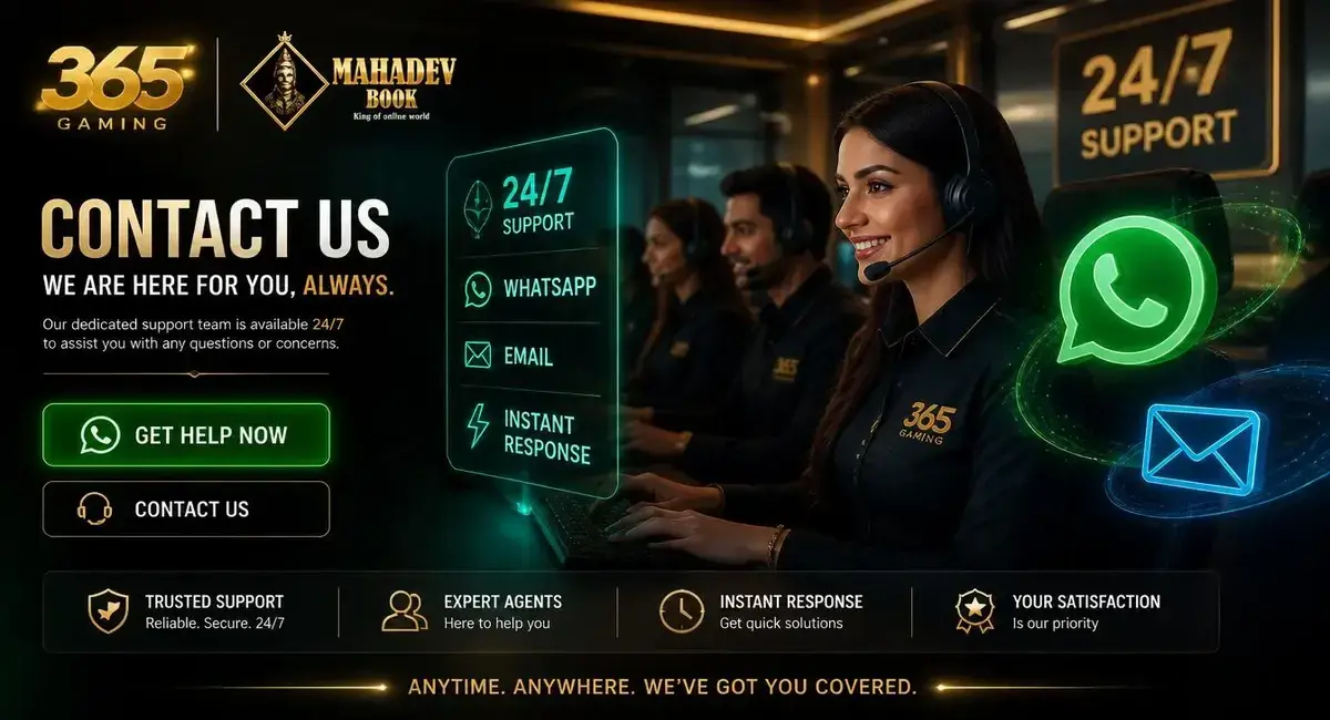 365Gaming contact us hero banner with 24/7 support team, WhatsApp and email icons