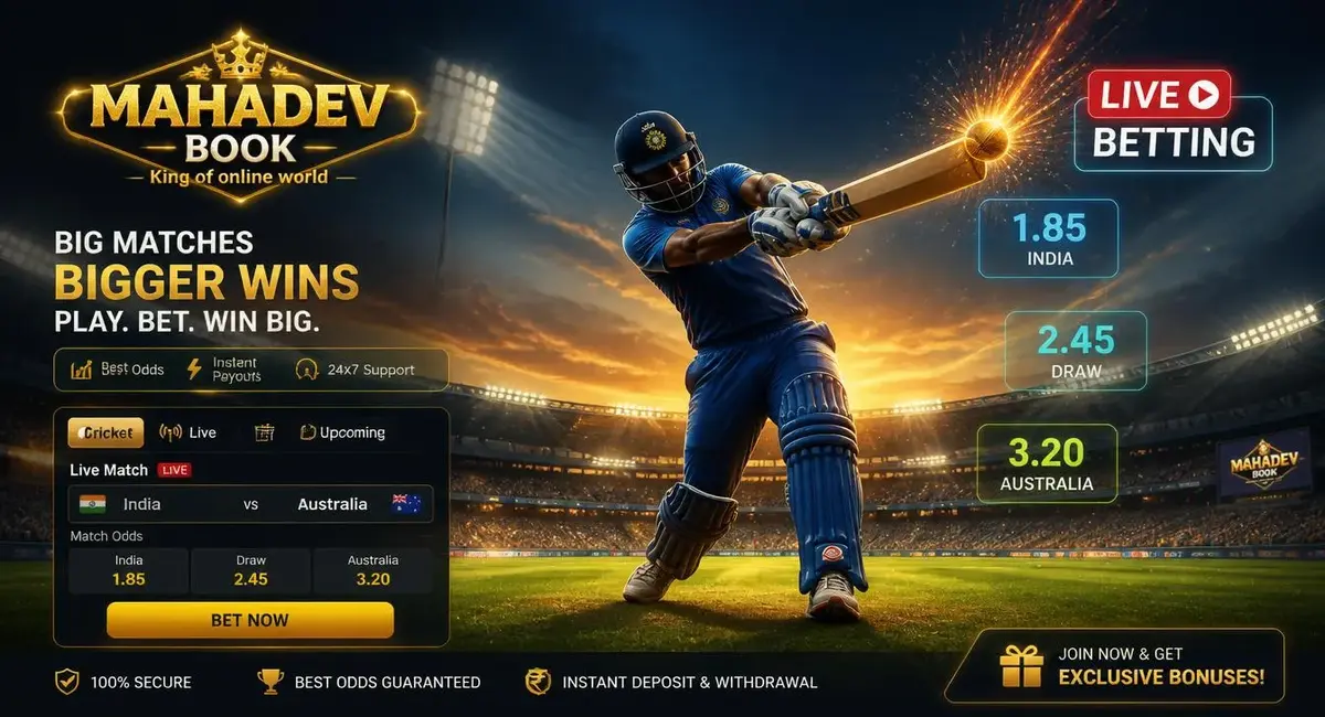 Mahadevbook Cricket Betting ID card with verification badge and live match stats