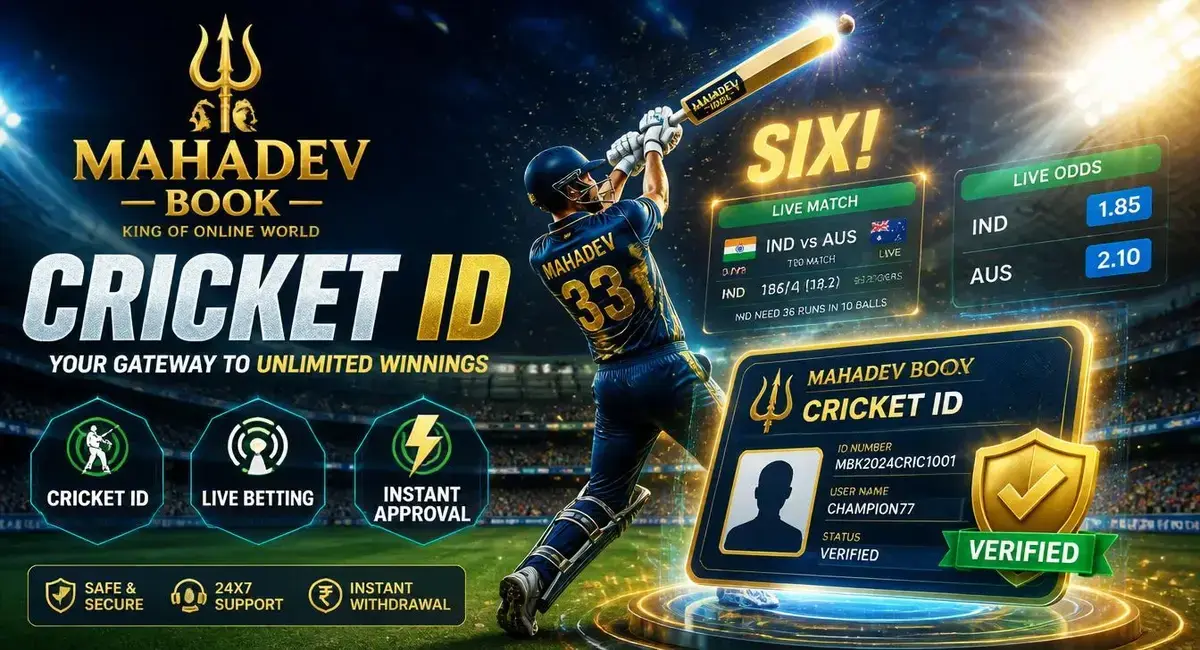 Mahadev Book Cricket ID hero banner with live betting and instant approval badge