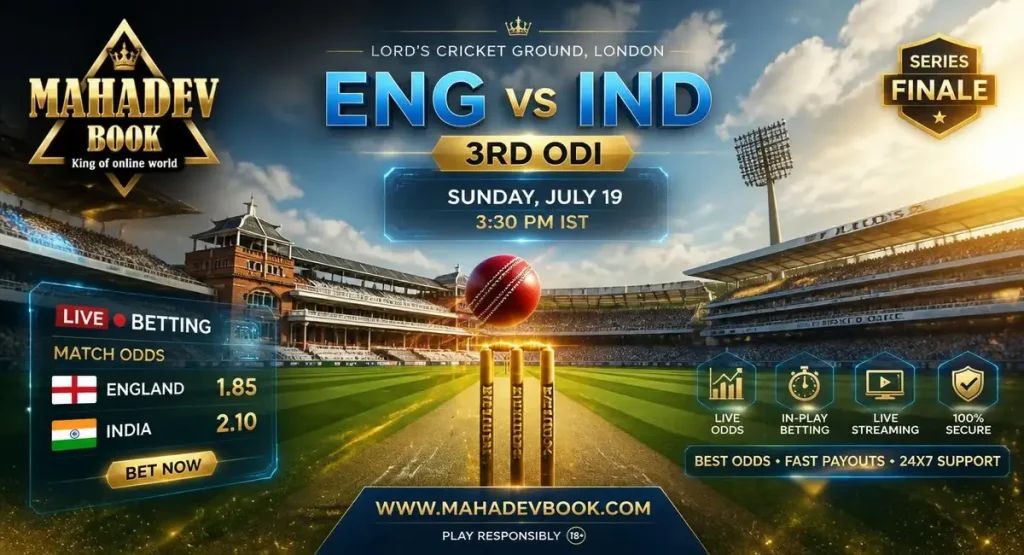  Mahadev Book ENG vs IND 3rd ODI match preview hero banner with Lord's Cricket Ground and live odds