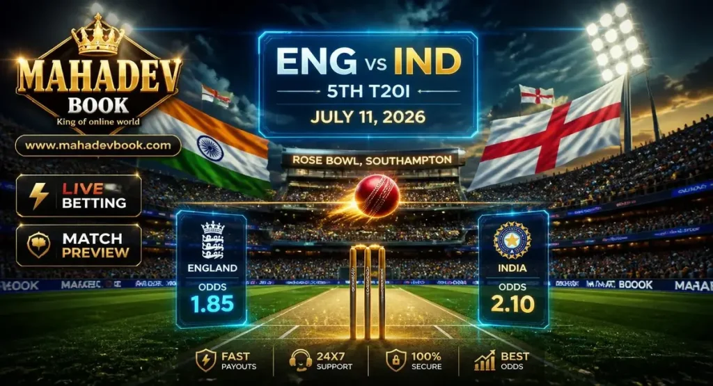 Mahadev Book ENG vs IND 5th T20I match preview hero banner with Rose Bowl stadium and live odds