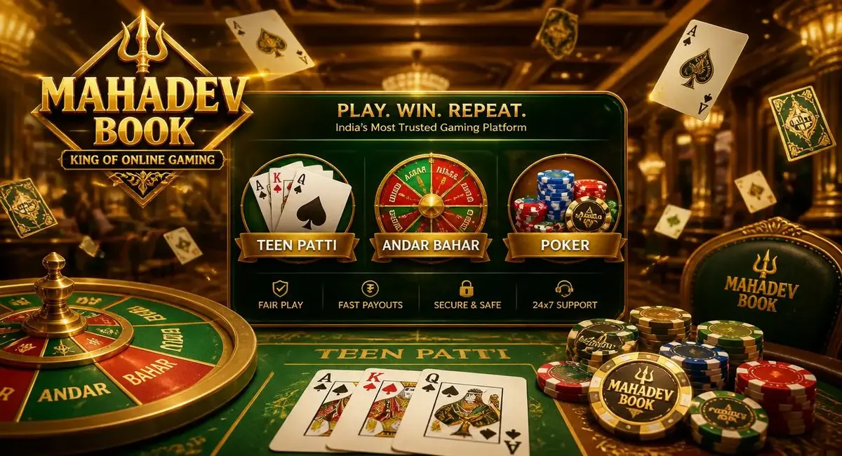 Mahadev Book Indian card games hero banner with Teen Patti, Andar Bahar, and poker chips