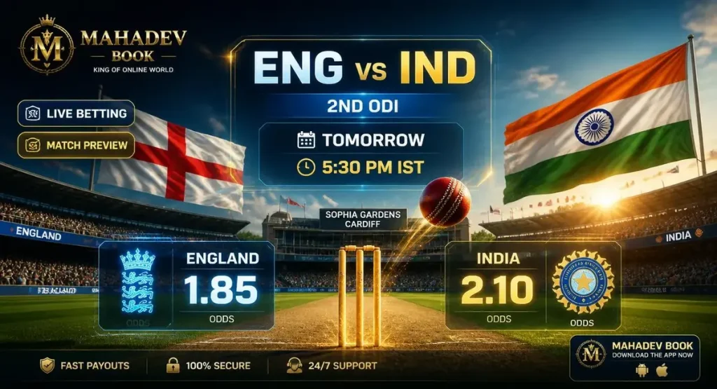 Mahadev Book ENG vs IND 2nd ODI match preview hero banner with Sophia Gardens Cardiff and live odds