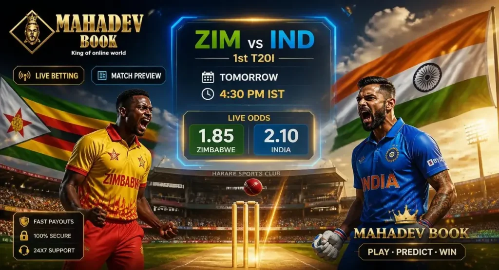 Mahadev Book ZIM vs IND 1st T20I match preview hero banner with Harare Sports Club and live odds