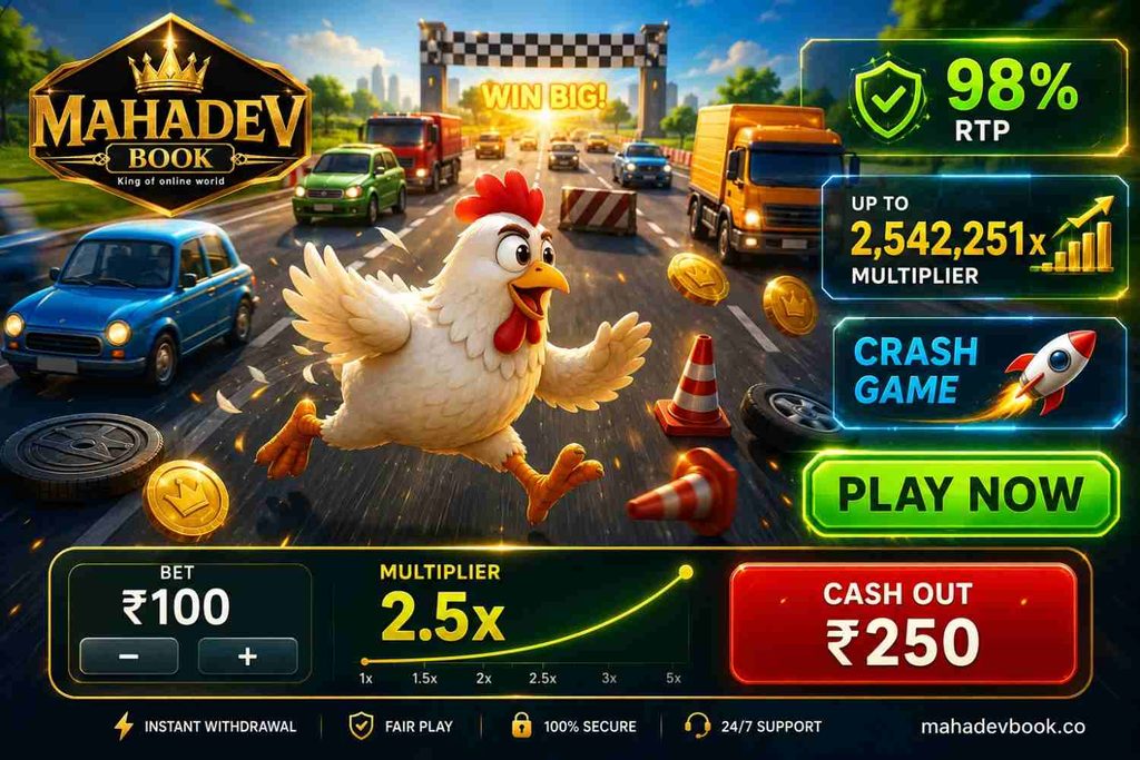 Mahadev Book Chicken Road Game hero banner with cartoon chicken crossing road and live multiplier