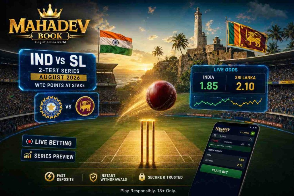 Mahadev Book India tour of Sri Lanka 2026 hero banner with Galle International Stadium and live odds