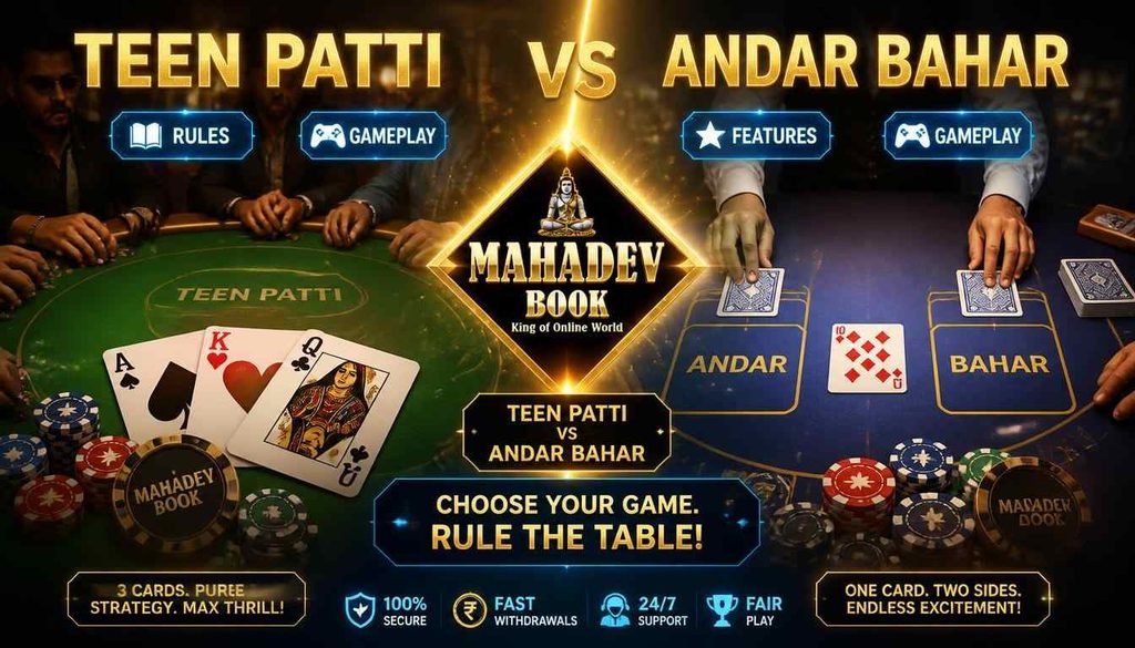 Mahadev Book Teen Patti vs Andar Bahar comparison hero banner showing both card games